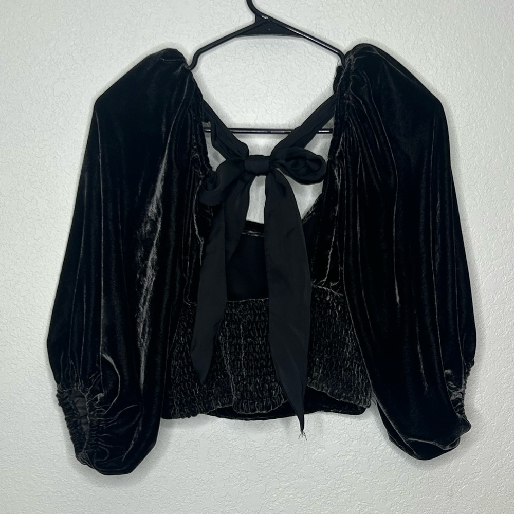 Free People Marie Black Velvet Puff Sleeve Tie-Back Blouse - Picture 11 of 13